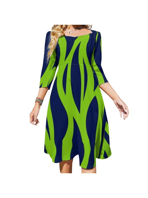 Abstract Green Navy Leaf Pattern Sweetheart Knot Flared Dress Fashion Design Large Size Loose Dress Spring Summer Women Dress