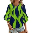 thumbnail image 1 of Abstract Green Navy Leaf Pattern Women's V-Neck Blouse With 3/4 Ruffled Bell Sleeves Casual Top Ladies Blouses, 1 of 7