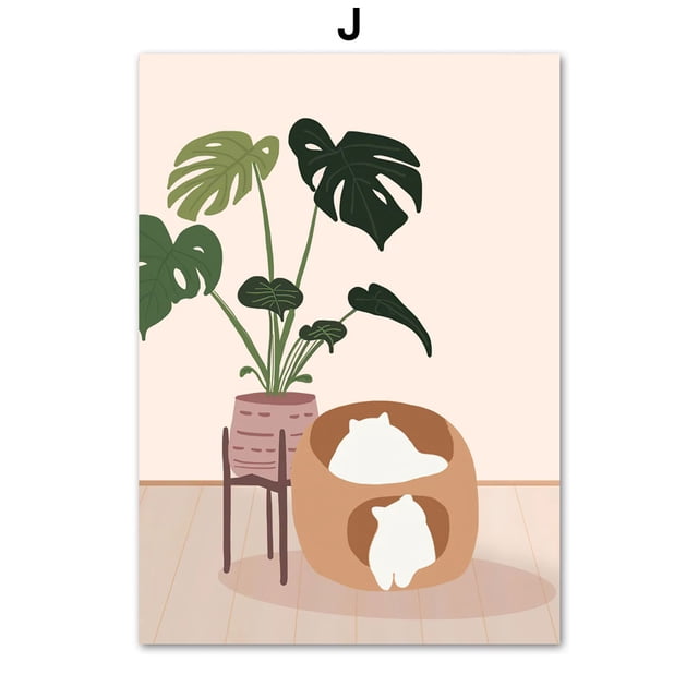 Abstract Green Plants Black Cat Wall Art Canvas Painting Aesthetics