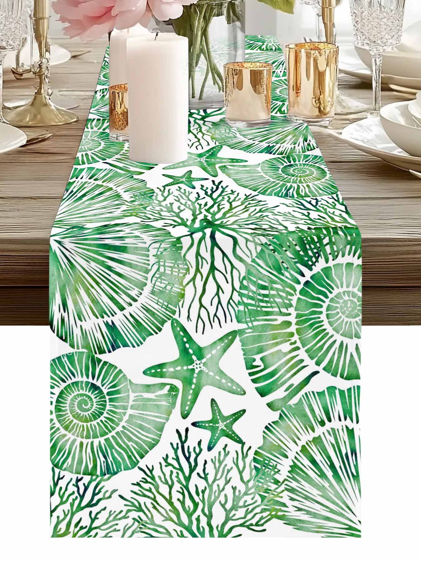 Runner Seashell Abstract Green Seashells Starfish Corals Table Runner-36 Inch Long ...