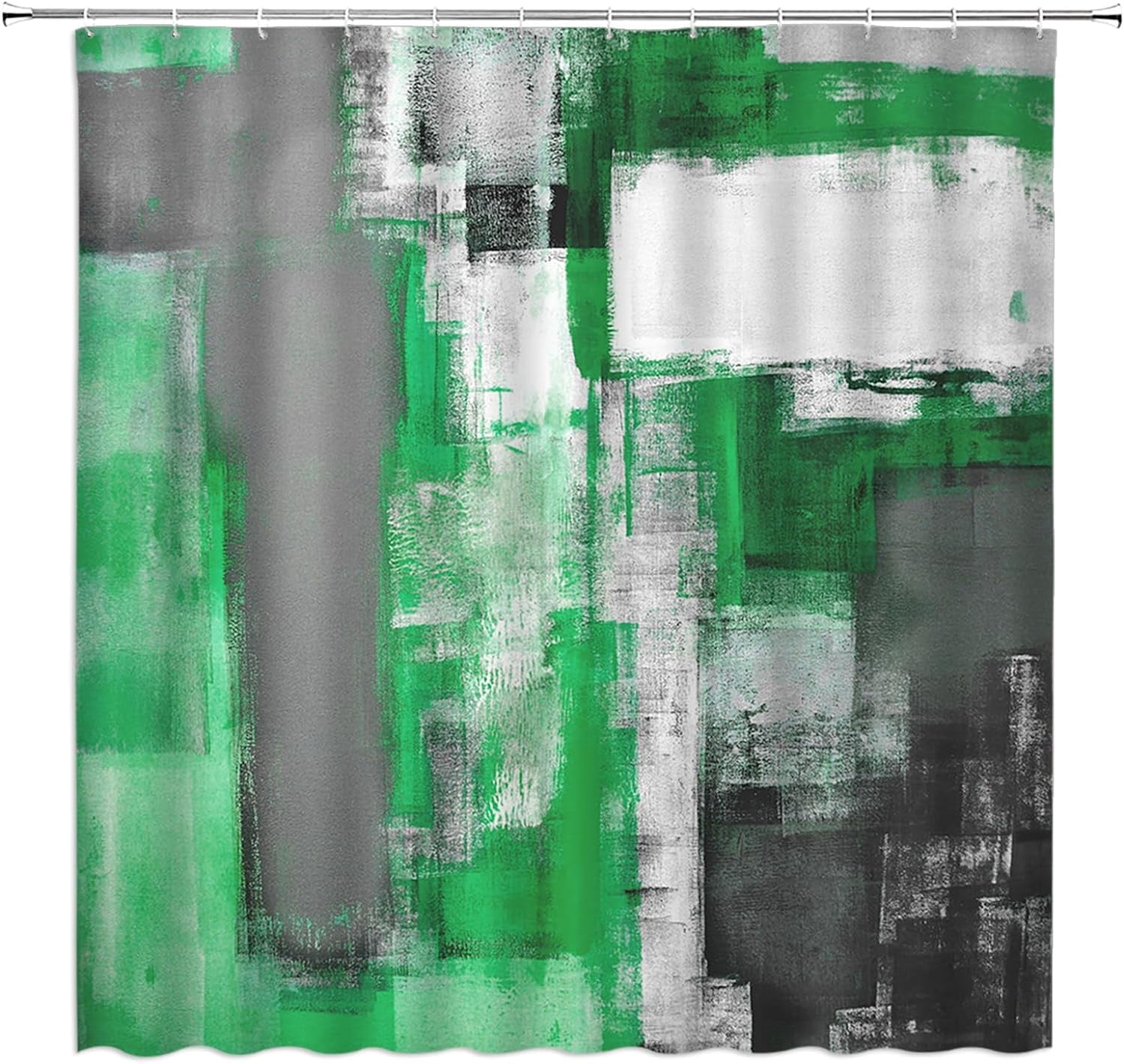 Abstract Green Shower Curtain Black Gray Brushstrokes Style Grunge Art Painting Modern Fabric Bathroom Curtains Decor Set,70" WX70 H