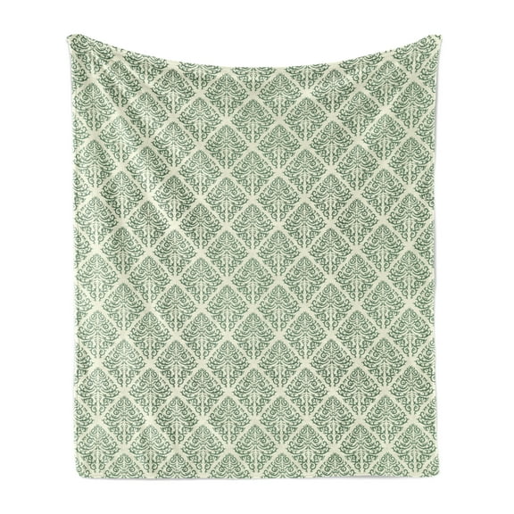 Abstract Green Soft Flannel Fleece Throw Blanket, Continuous Vintage Design Victorian Damask Swirls Pattern, Cozy Plush for Indoor and Outdoor Use, 60" x 80", Jade Green Pastel Green, by Ambesonne