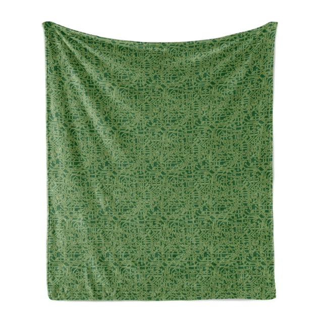 Abstract Green Soft Flannel Fleece Throw Blanket, Futuristic Grid Pattern of Lines with Dotted Ends, Cozy Plush for Indoor and Outdoor Use, 50" x 60", Hunter Green Pale Green, by Ambesonne