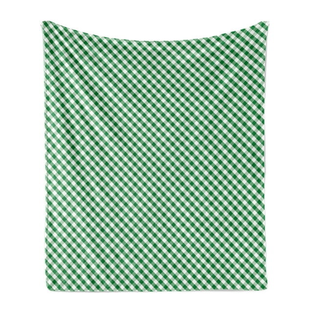 Abstract Green Soft Flannel Fleece Throw Blanket, Gingham Pattern Crossing Lines and Little Squares, Cozy Plush for Indoor and Outdoor Use, 70" x 90", Forest Green Fern Green, by Ambesonne