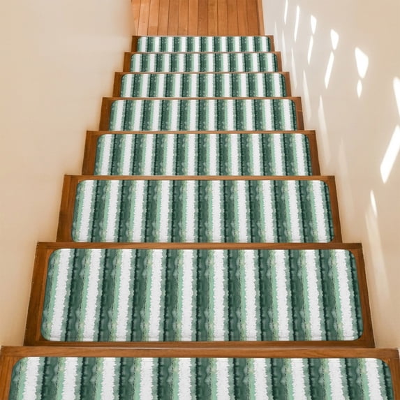 Abstract Green Stripes Stair Treads Non Slip for Steps Minimalist Green White Striped Country 15 Pcs Reusable Adhesive Stair Runner Mats for Dogs Elders Carpet Treads Rugs for Staircase 8x30 In