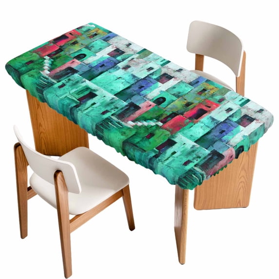 Abstract Green Table Cloths for 3 Foot Rectangle Tables, Painting Buildings Geometric Color Block Patio Waterproof Elastic Fitted Tablecloths, Washable Rectangular Table Cover for Camping