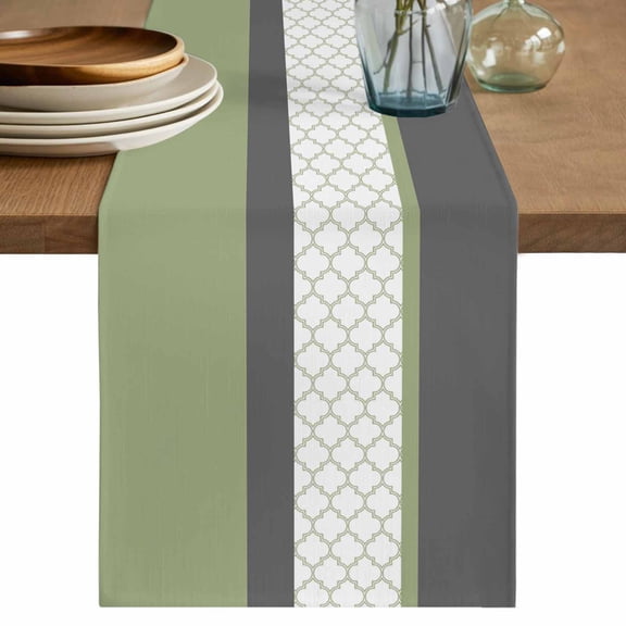 Abstract Green Table Runner, Grey Stripes Moroccan Geometric Modern Retro Cotton Linen Kitchen Table Decoration Washable Dining Tabletop Runners for Home Party Decor 13x36 Inches