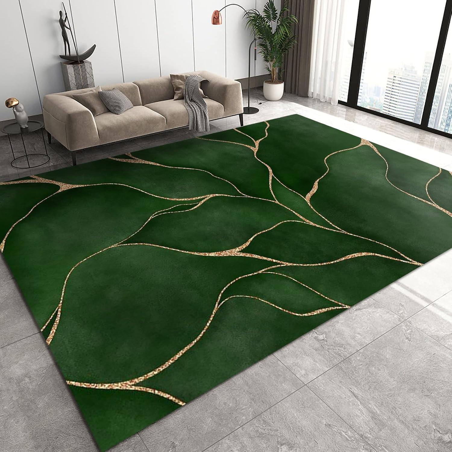 Abstract Green Turquoise Area Rugs, 2x3ft Small 3D Golden Curved Lines ...