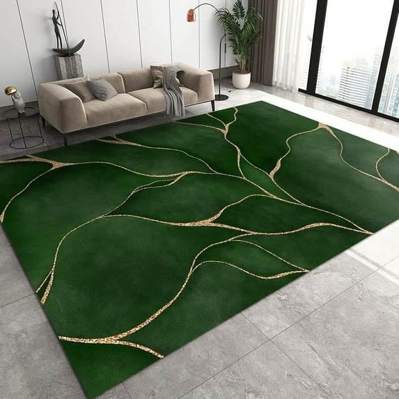 Abstract Green Turquoise Area Rugs, 3D Golden Curved Lines Minimalist Living Room Carpet, Carpet Mat Pattern Clear Comfortable Feet Apply to Kitchen Dining Room Children's Room 3x4ft