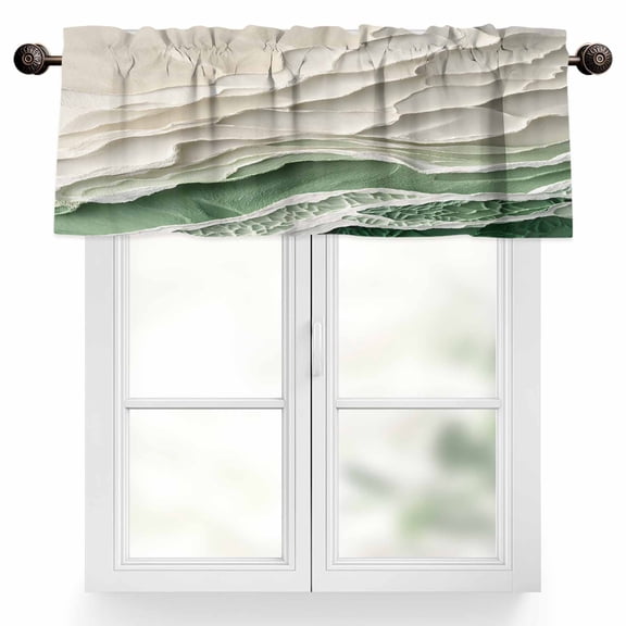 Abstract Green Valances for Windows, 42 x 18in, Beige Ocean Wave Oil Painting Style Modern Rod Pocket Kitchen Valance Curtain Light Filtering Window Treatments for Living Room Bedroom, 1 Panel