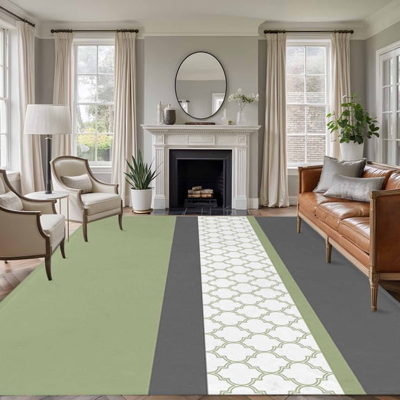 Abstract Green Washable Living Room Rugs 8'x10', Grey Stripes Moroccan Geometric Modern Retro Low Pile Throw Large Area Rug Non-Slip Sturdy Edge Binding Carpet for Bedroom Dining Room Office