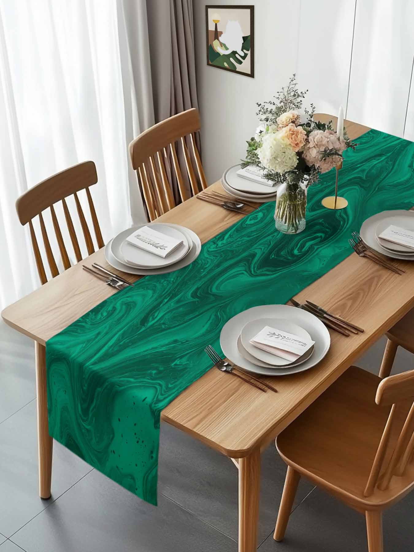 Abstract Green Water Ripple Table Runner 13x70in Non-Slip Cotton Linen ...