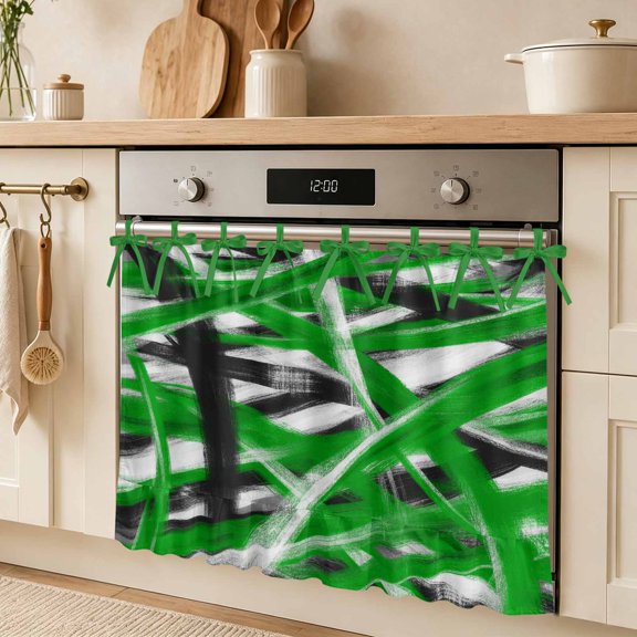 Abstract Green Waves Oven Skirt Curtain, Modern Minimalist Green Black White Crossed Lines Tie Top Tier Curtains Stove Dishwasher Skirt Small Window Drapes for Kitchen Bathroom Cafe 27"x20"