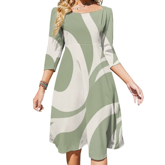 Abstract Green Wavy Design Art Womens Summer Dress Tie Back A Line Flare Dress