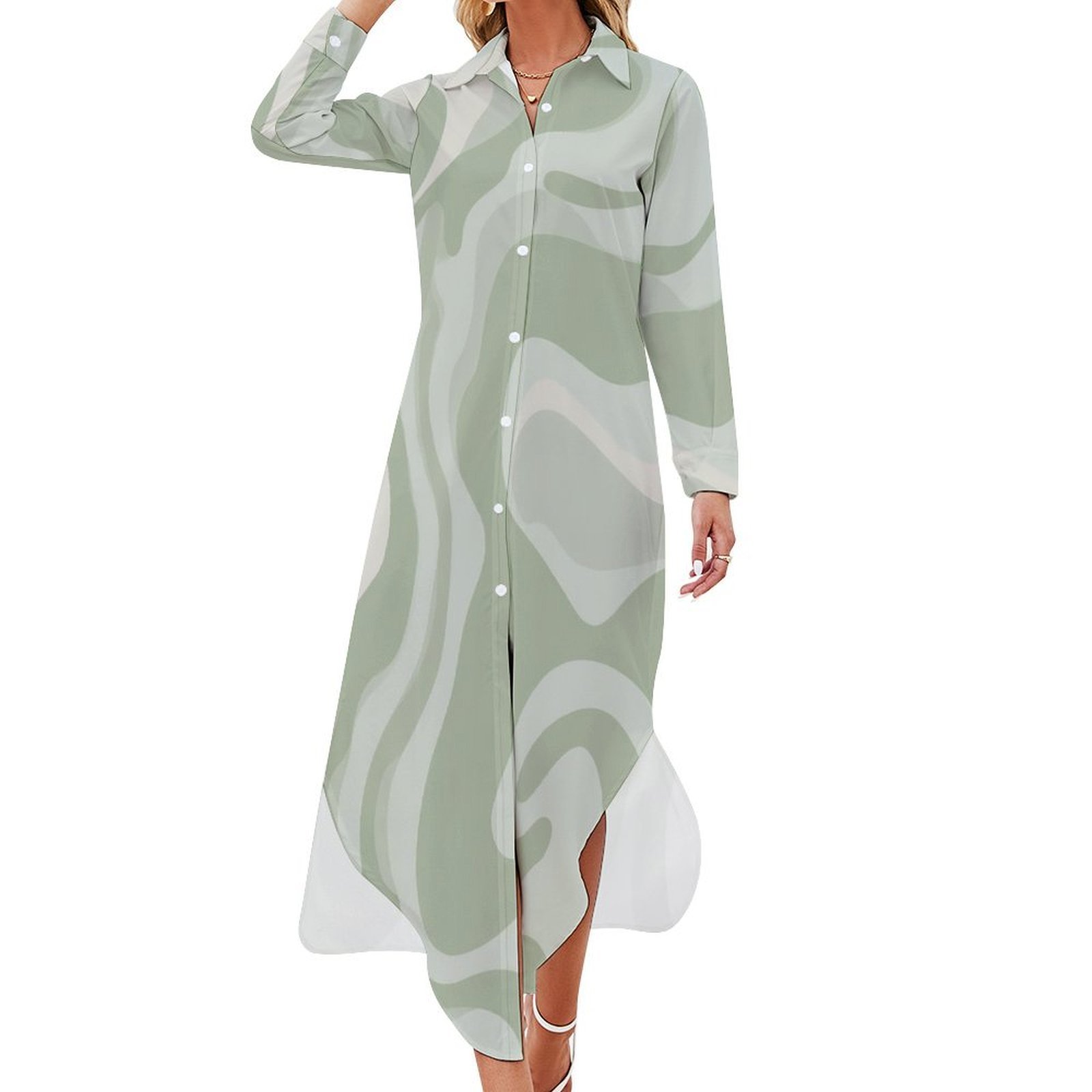 Abstract Green Wavy Design Shirt Dress Long Sleeve Street Fashion V ...