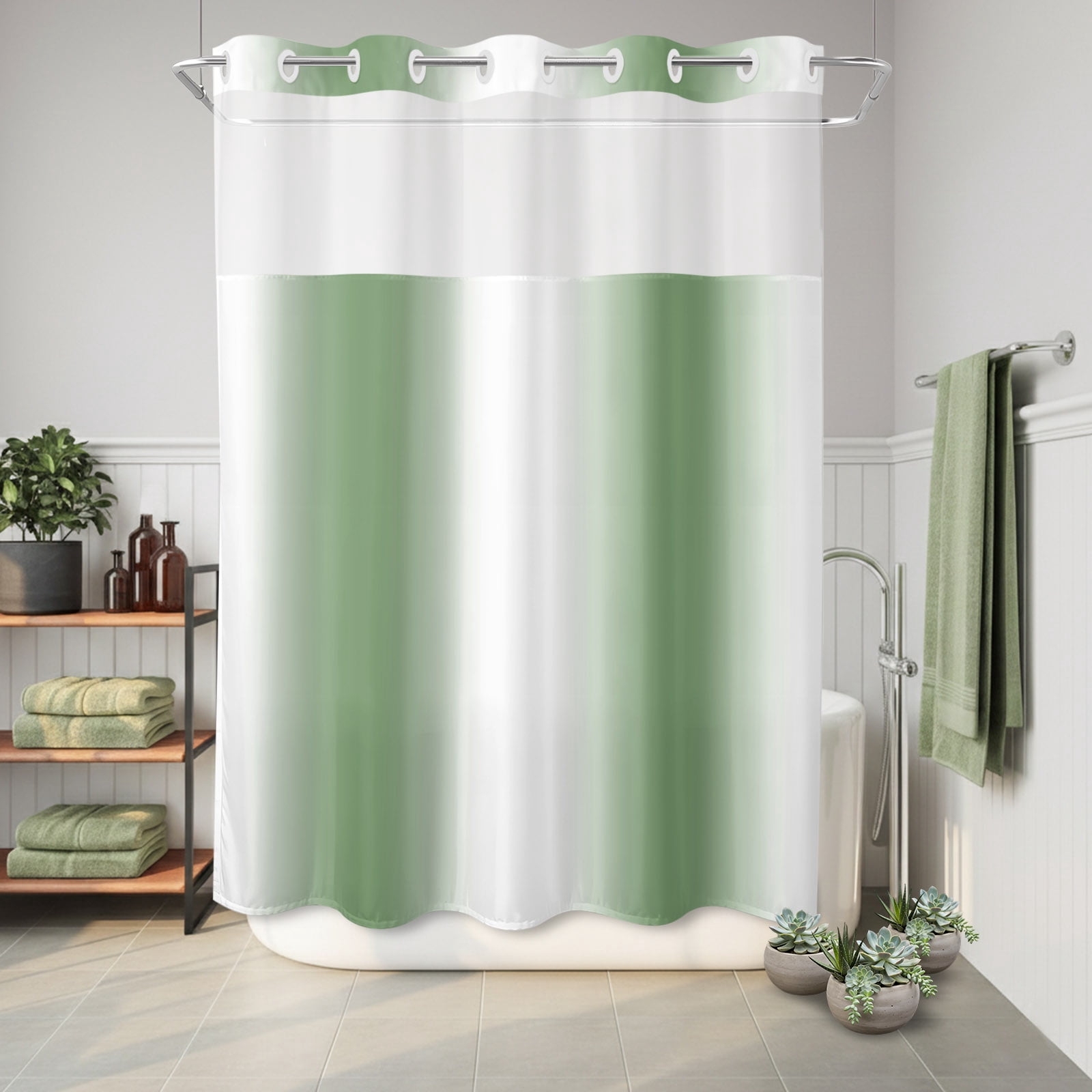 Abstract Green White Gradient No Hook Shower Curtain with See Through ...