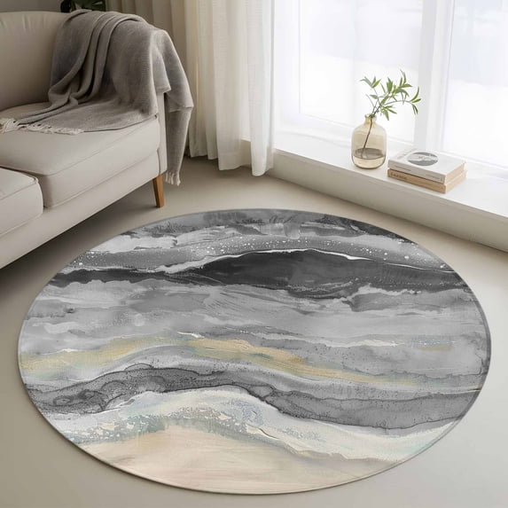 Abstract Grey 4FT Round Area Rugs for Living Room Gradient Beach Ocean Wave Oil Painting Ultra-Thin Non-Slip Round Rugs Machine Washable Low Pile Circle Carpet for Bedroom Kitchen Nursery