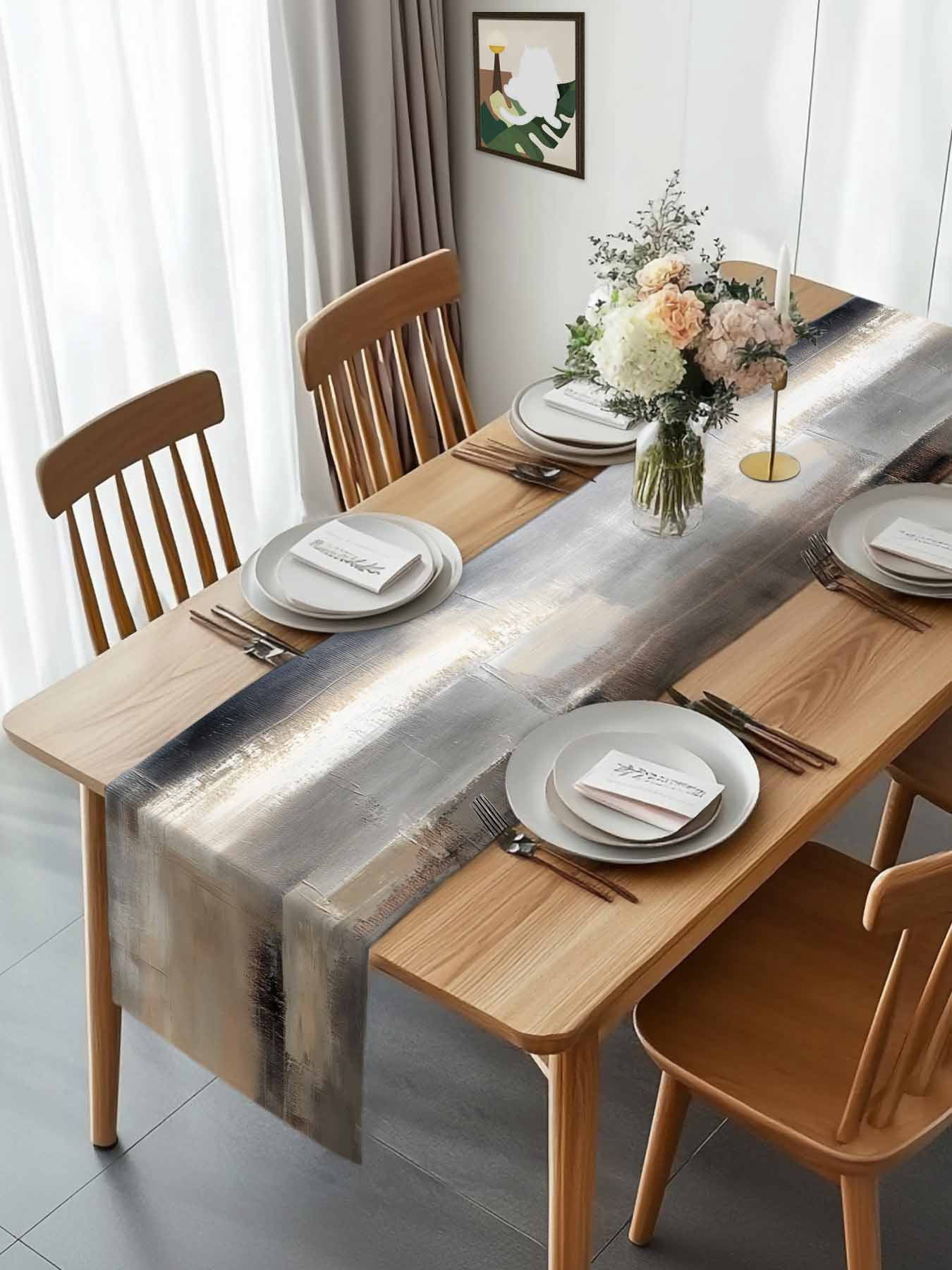 Abstract Grey Brown Oil Painting Table Runner 90 Inches Long, Retro Minimalist Art Table Runners Tabletop Scarf Kitchen Dining Tables Decoration for Home Party Indoor Outdoor