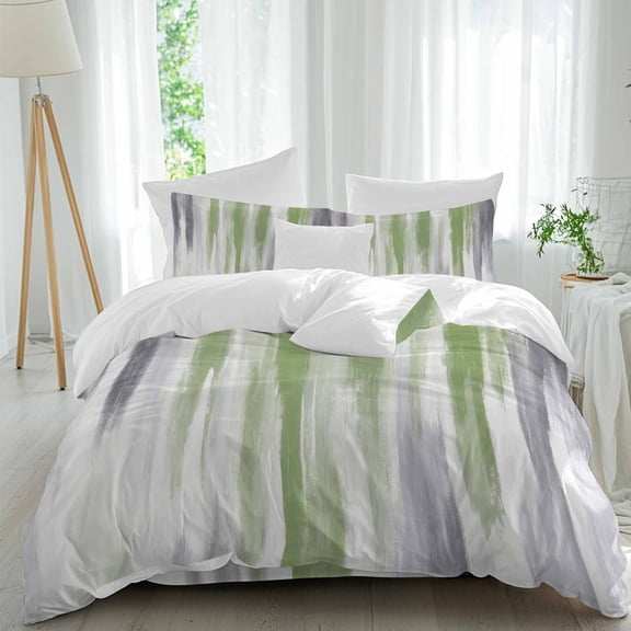 Abstract Grey Duvet Cover Set Queen Size, Green Mottled Gradient Texture Farmhouse 4 Piece Soft Microfiber Bedding Set with 1 Duvet Cover, 1 Flat Sheet, 2 Pillowcases