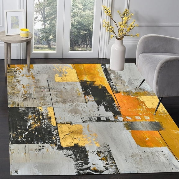 Abstract Grey Gold Black Area Rug, Modern Art Deco Design Carpet, Washable Non Slip Soft Pile, Living Room Bedroom Dining Room Office Kitchen Hallway Mat 2x3ft