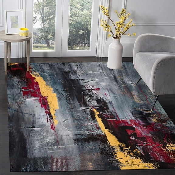 Abstract Grey Gold Red Area Rug, Modern Art Deco Design Carpet, Washable Non Slip Soft Pile, Living Room Bedroom Dining Room Office Kitchen Hallway Mat 2x3ft