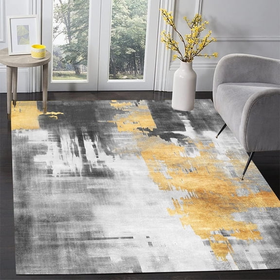 Abstract Grey Gold Texture Area Rug, Modern Design Carpet, Washable Non Slip Soft Pile, Living Room Bedroom Dining Room Office Kitchen Hallway Mat 4x5ft