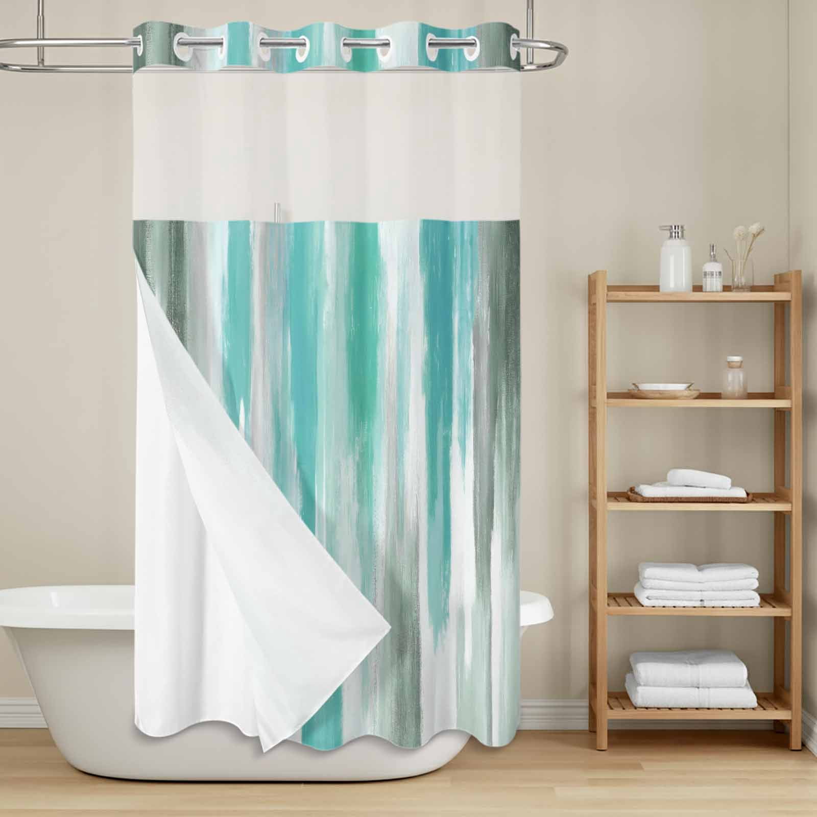 Abstract Grey No Hook Shower Curtain with Snap in Liner, Teal Green ...