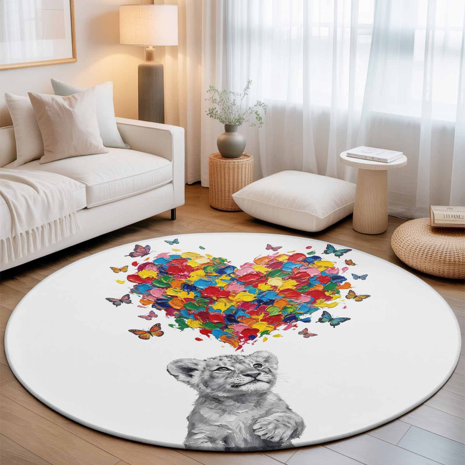Abstract Grey Lions Colorful Butterflies Round Rug 5ft Love Heart ...