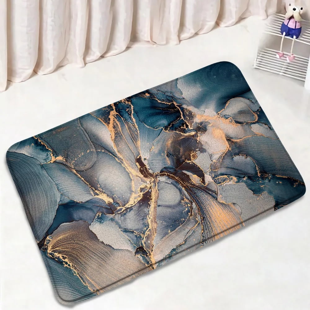 Abstract Grey Marble Bath Mat Set Gold Crackle Textured Modern ...