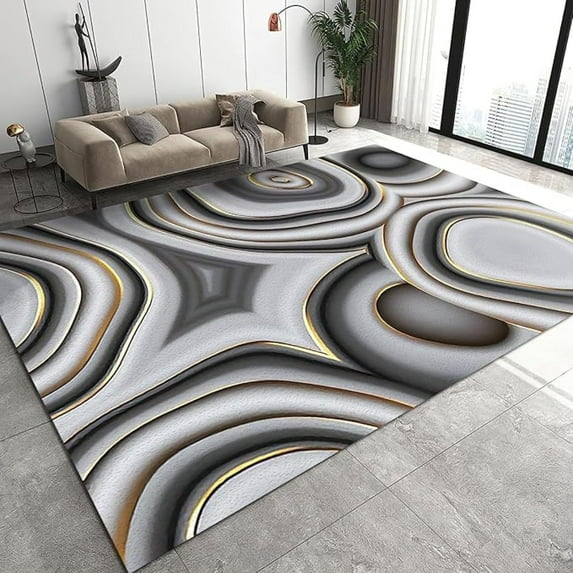 Abstract Grey Marble Swirl Area Rug, Irregular Circle Golden Texture Non Slip Noise Reduction Kids Rugs, Machine Washable Durable Carpet For Indoor Bedroom Living Room Decor Rug 3x4ft