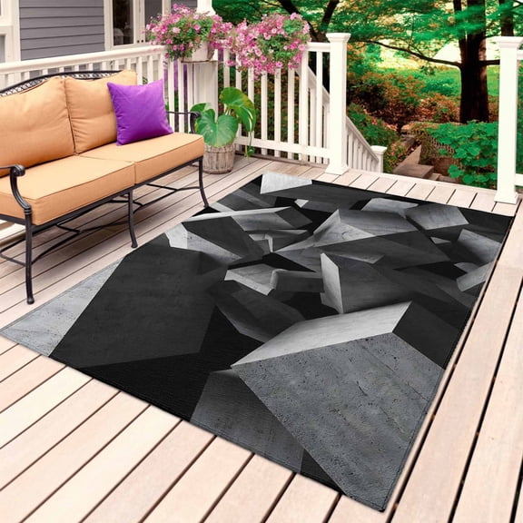 Abstract Grey Outdoor Rug for Patio/Deck/Porch, Non-Slip Large Area Rug 4 x 6 Ft, Floating Stone Industrial Modernist Indoor Outdoor Rugs Washable Area Rugs, Reversible Camping Rug Carpet Runner