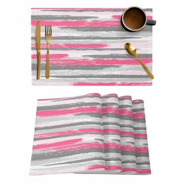 Abstract Grey Pink Placemats for Dining Table Set of 4, Washable Placemats Cotton Linen Place Mats for Kitchen/Dining, Farmhouse Table Mats Geometric Lines Painting Brush Strokes