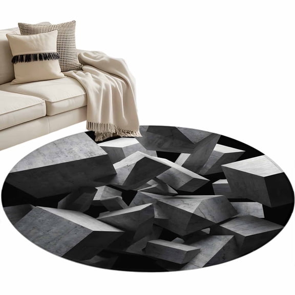 Abstract Grey Round Rug 3.3ft Washable Circle Entryway Rugs Non Slip Floating Stone Industrial Modernist Area Rug Indoor Floor Carpet for Bedroom Kitchen Living Room Home Office Dining Room Nursery