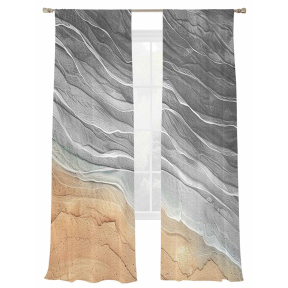 Abstract Grey Sheer Curtains 2 Panels Set Ocean Beach Waves Lines Gradient Sheer Window Curtains Light Filtering Rod Pocket Voile Drapes for Bedroom Living Room 52"X108"