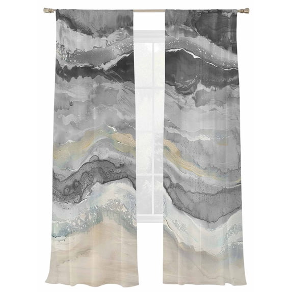 Abstract Grey Sheer Curtains 84 Inch Long 2 Panels, Gradient Beach Ocean Wave Oil Painting Light Filtering Rod Pocket Curtains, Sheer Voile Drapes for Living Room Bedroom, 52"x84"