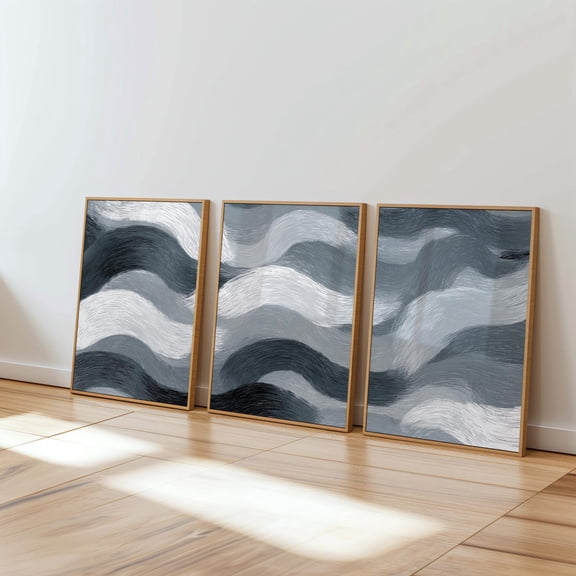 Abstract Grey Wall Art Triptych Neutral Brush Stroke Minimalist Wave Set 3 Unframed Paper Print 8x12
