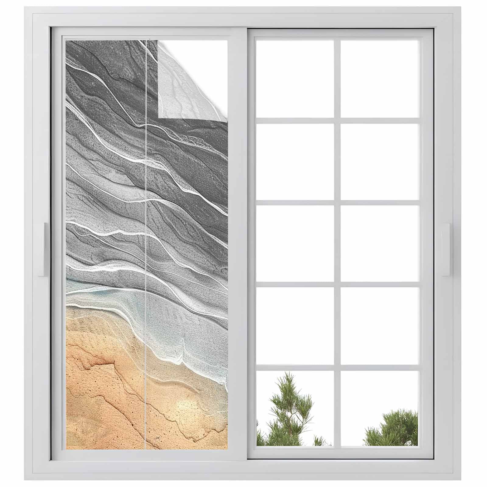 Abstract Grey Window Privacy Film, Ocean Beach Waves Lines Gradient Frosted Glass Window Clings Static Cling UV Heat Blocking Reusable Door Sticker for Bathroom 23.6 x 59 Inch