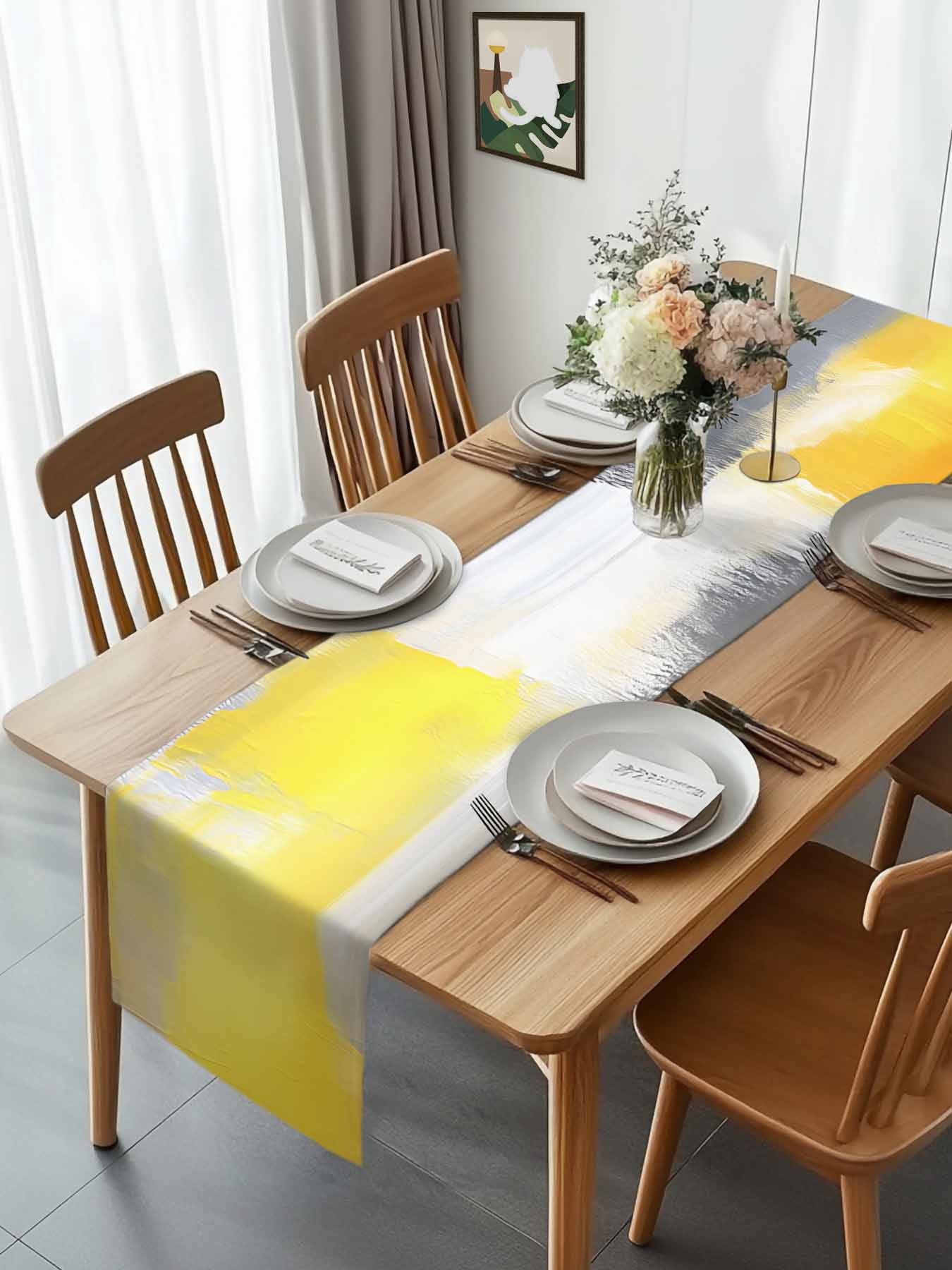 Abstract Grey Yellow Oil Painting Art Table Runner 90 Inches Long, WatercolorColor Gradient Table Runners Tabletop Scarf Kitchen Dining Tables Decoration for Home Party Indoor Outdoor