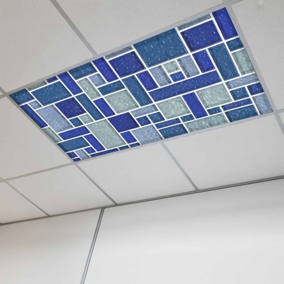 Abstract Grid 1 Pc Fluorescent Light Cover 4 x 2 Feet, Minimalist Blue Mint Green Rectangular Stone Tiles Covers for Ceiling Lights Magnetic Light Cloth Filter for Classroom Office Home