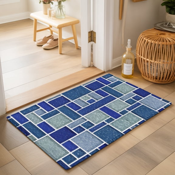 Abstract Grid 2'x3' Small Rugs for Entryway Front Door Kitchen Sink Area, Minimalist Blue Mint Green Rectangular Stone Tiles Soft Sturdy Mats Washable Non Slip Rectangle Area Rug