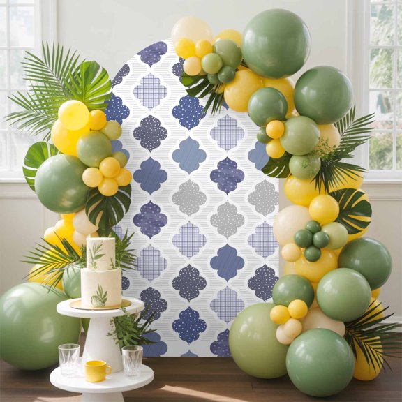 Abstract Grid Arch Backdrop Cover, 4FT, Boho Blue Purple Grey Geometric Medieval Plaid Spandex Arch Covers Double-Sided Backdrop for Wedding Birthday Party Photo Background Decoration