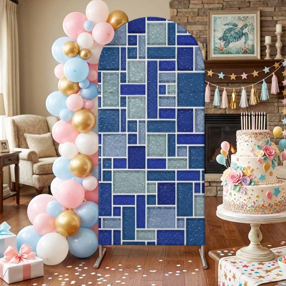 Abstract Grid Arch Backdrop Covers 4 FT, Minimalist Blue Mint Green Rectangular Stone Tiles Stretchy Fitted Arched Stand Covers Party Arch Stand Cover Photo Booth for Wedding Birthday Decor