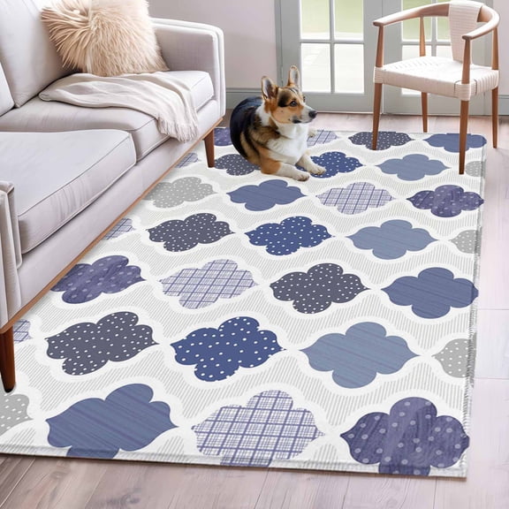 Abstract Grid Area Rugs 4x6 ft Boho Blue Purple Grey Geometric Medieval Plaid Washable Rug Non Slip Indoor Carpet Absorbent Floor Mat for Living Room Bedroom Dining Room