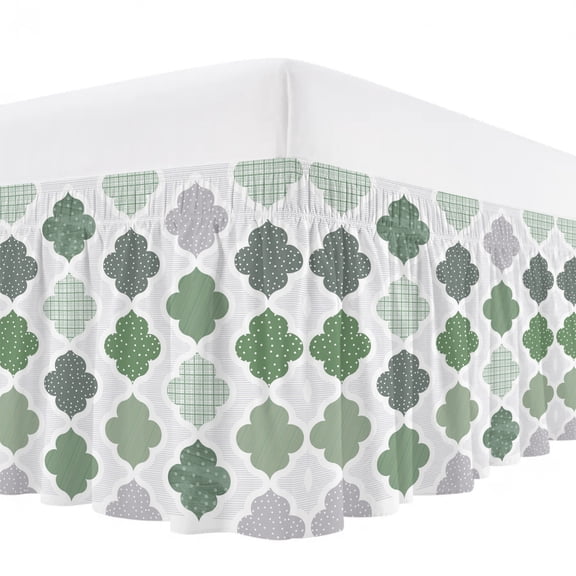 Abstract Grid Bed Skirt Bed Skirts Queen Size 16 Inch Drop, Boho Green Grey Geometric Medieval Plaid Wrap Around Dust Ruffle Bedskirt with Adjustable Elastic Belt for Queen Size Beds