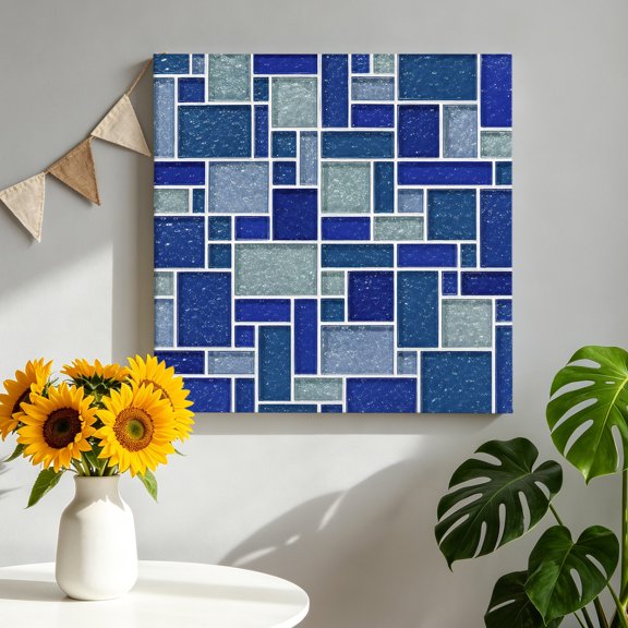 Abstract Grid Canvas Wall Art, Minimalist Blue Mint Green Rectangular Stone Tiles Framed Canvas Wall Decor Picture Print Artwork Decorations for Living Room Office Ready to Hang 8" x 8"