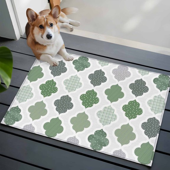 Abstract Grid Front Door Rugs 2x3 ft Boho Green Grey Geometric Medieval Plaid Small Rug for Entryway Non Slip Washable Bathroom Door Mat Absorbent Floor Mat for Indoor Entrance