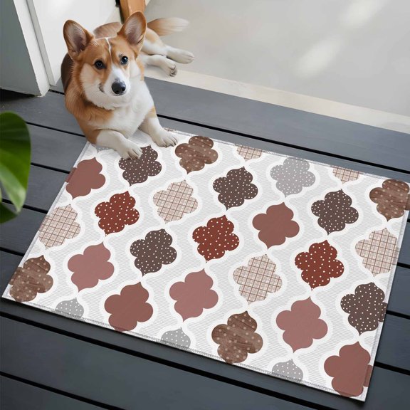 Abstract Grid Front Door Rugs 2x3 ft Boho Red Brown Grey Geometric Medieval Plaid Small Rug for Entryway Non Slip Washable Bathroom Door Mat Absorbent Floor Mat for Indoor Entrance