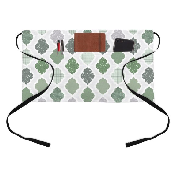 Abstract Grid Kitchen Restaurant Half Waist Apron, Boho Green Grey Geometric Medieval Plaid Server Short Apron with 3 Pockets Waterproof Oil Waist Aprons for Women Waitress Waiter