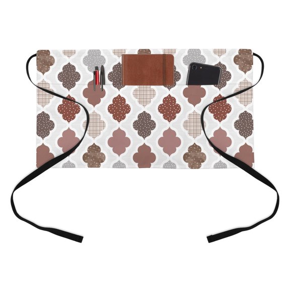 Abstract Grid Kitchen Restaurant Half Waist Apron, Boho Red Brown Grey Geometric Medieval Plaid Server Short Apron with 3 Pockets Waterproof Oil Waist Aprons for Women Waitress Waiter