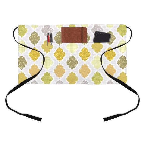 Abstract Grid Kitchen Restaurant Half Waist Apron, Boho Yellow Grey Green Geometric Medieval Plaid Server Short Apron with 3 Pockets Waterproof Oil Waist Aprons for Women Waitress Waiter